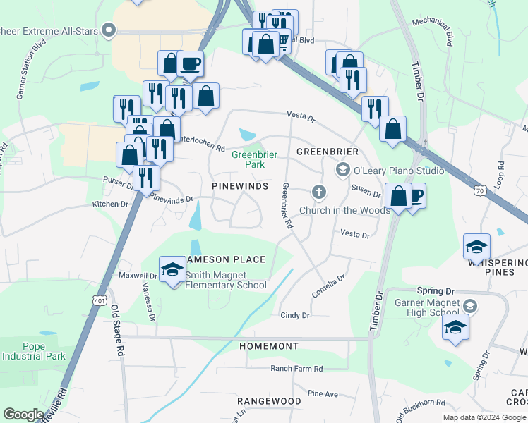 map of restaurants, bars, coffee shops, grocery stores, and more near 205 Bentpine Drive in Raleigh