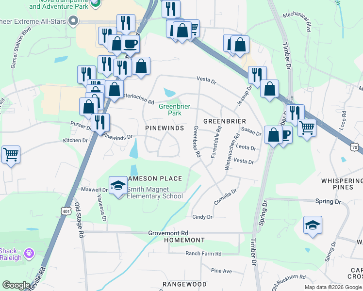 map of restaurants, bars, coffee shops, grocery stores, and more near 205 Bentpine Drive in Raleigh