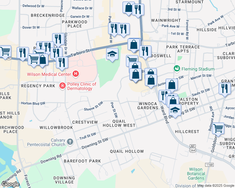 map of restaurants, bars, coffee shops, grocery stores, and more near 411 Pike Street Southwest in Wilson