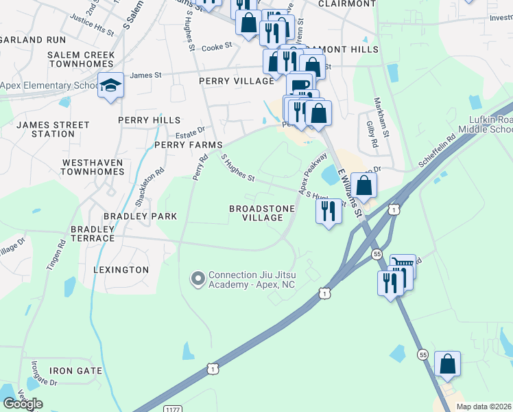 map of restaurants, bars, coffee shops, grocery stores, and more near 1501 Amethyst Crest Way in Apex