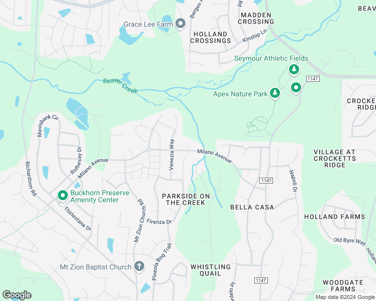 map of restaurants, bars, coffee shops, grocery stores, and more near Milano Avenue in Apex