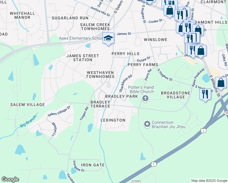map of restaurants, bars, coffee shops, grocery stores, and more near 140 Forthview Way in Apex