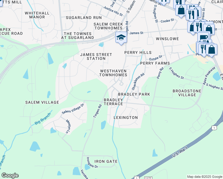 map of restaurants, bars, coffee shops, grocery stores, and more near 106 Anterbury Drive in Apex