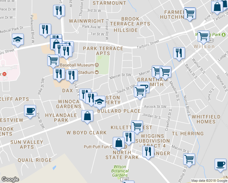 map of restaurants, bars, coffee shops, grocery stores, and more near 1404 Sauls Street Southwest in Wilson
