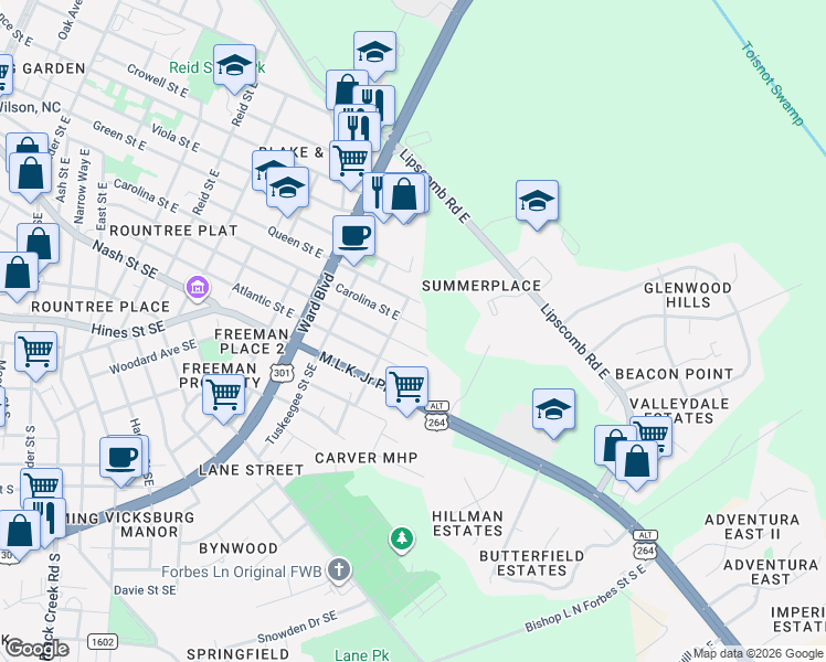 map of restaurants, bars, coffee shops, grocery stores, and more near 1711 Carolina Street East in Wilson