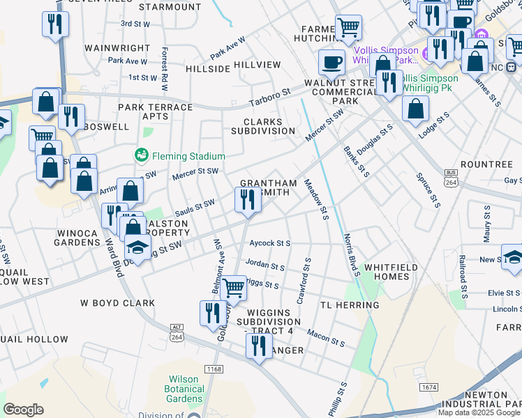 map of restaurants, bars, coffee shops, grocery stores, and more near 1006 Goldsboro Street South in Wilson