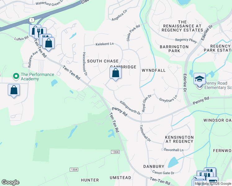 map of restaurants, bars, coffee shops, grocery stores, and more near 202 Southglen Drive in Cary
