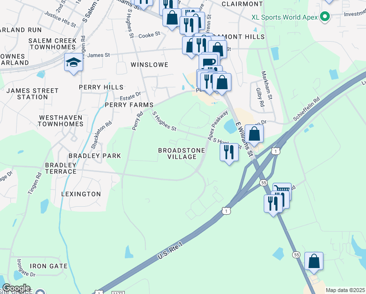 map of restaurants, bars, coffee shops, grocery stores, and more near 912 South Hughes Street in Apex