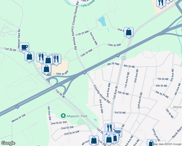 map of restaurants, bars, coffee shops, grocery stores, and more near 611 6th Street Court Northwest in Conover