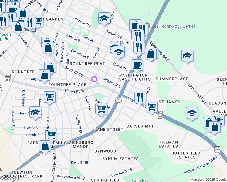 map of restaurants, bars, coffee shops, grocery stores, and more near 101 Powell Street North in Wilson