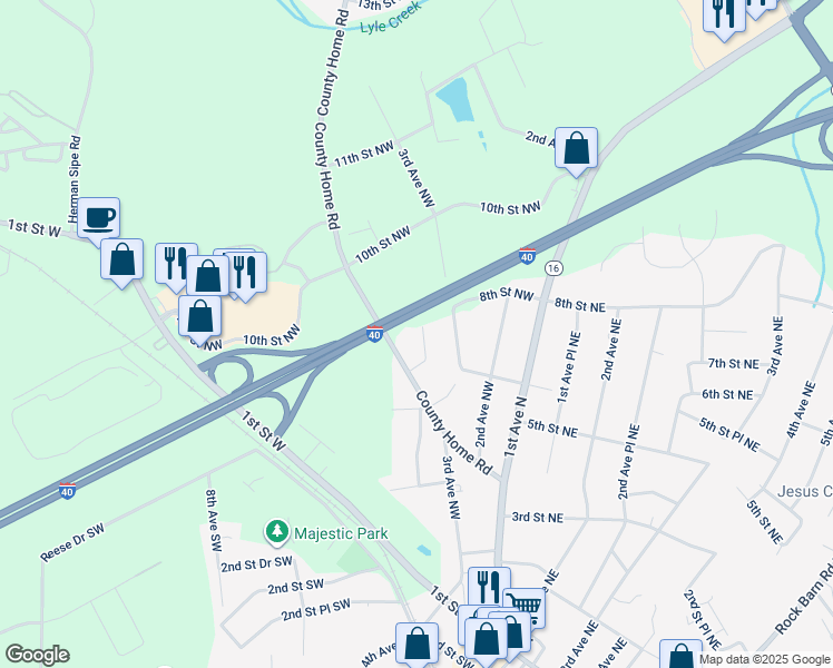 map of restaurants, bars, coffee shops, grocery stores, and more near 611 6th Street Court Northwest in Conover