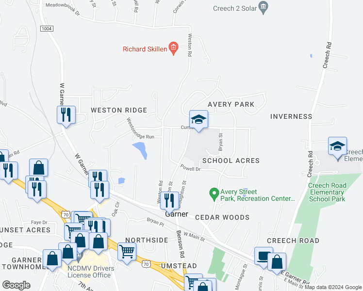 map of restaurants, bars, coffee shops, grocery stores, and more near 201 Johnson Street in Garner
