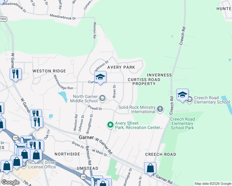 map of restaurants, bars, coffee shops, grocery stores, and more near 410 Bryan Street in Garner