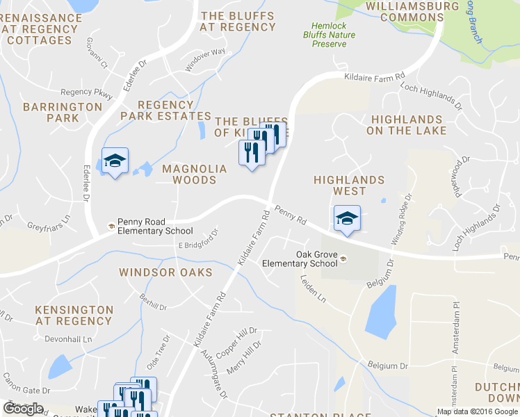 map of restaurants, bars, coffee shops, grocery stores, and more near 3000 Kildaire Farm Rd in Cary