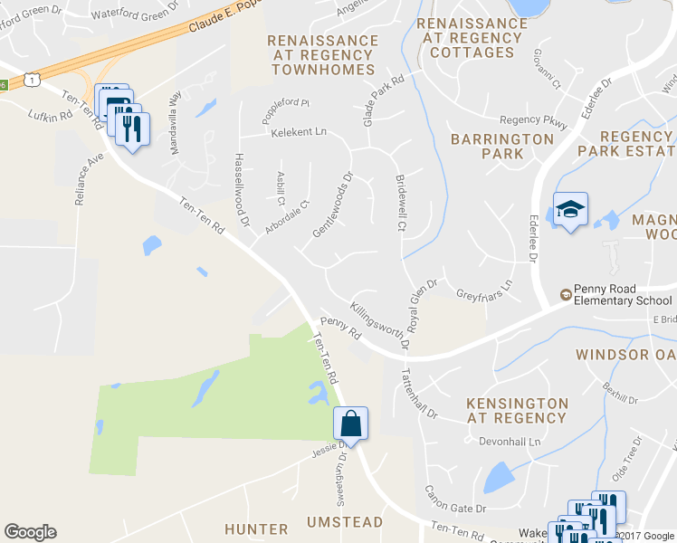 map of restaurants, bars, coffee shops, grocery stores, and more near 202 Southglen Drive in Cary