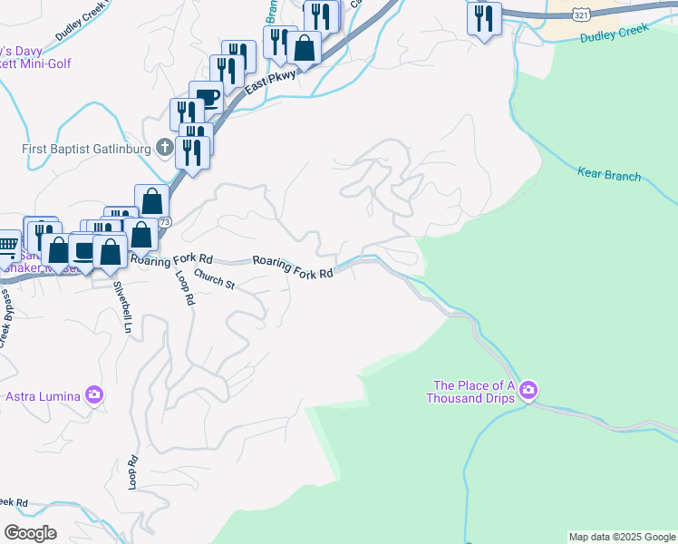 map of restaurants, bars, coffee shops, grocery stores, and more near 368 Roaring Fork Road in Gatlinburg