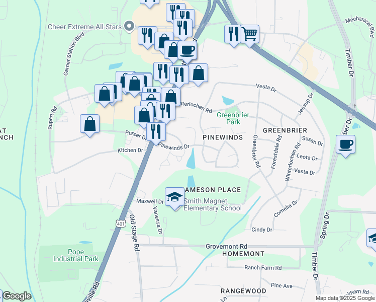 map of restaurants, bars, coffee shops, grocery stores, and more near 1301 Pinewinds Drive in Raleigh