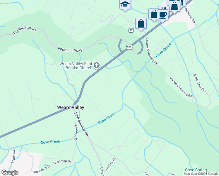 map of restaurants, bars, coffee shops, grocery stores, and more near 3544 Lawson Lane in Sevierville