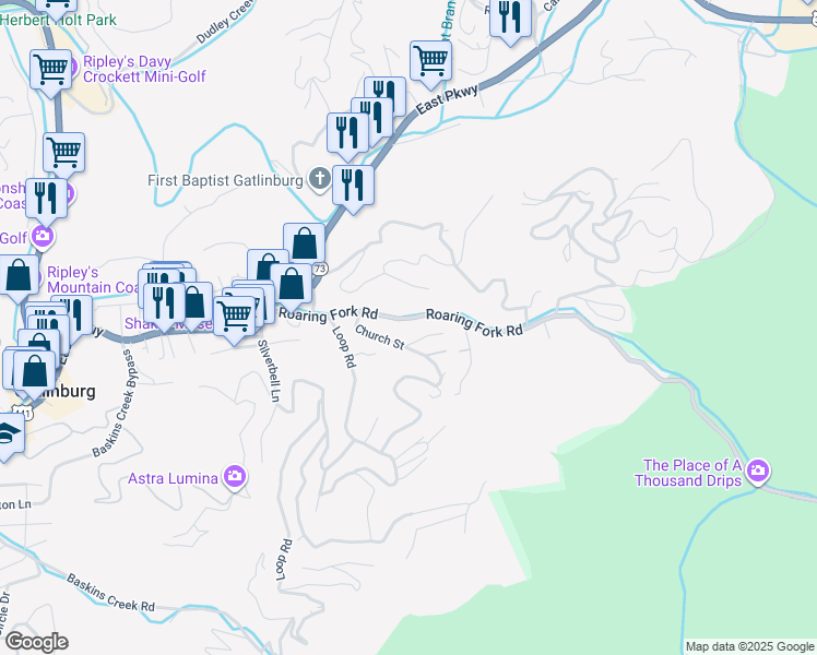 map of restaurants, bars, coffee shops, grocery stores, and more near 101 Roaring Fork Road in Gatlinburg
