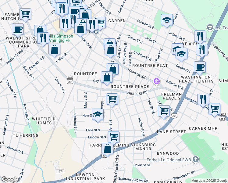 map of restaurants, bars, coffee shops, grocery stores, and more near in Wilson