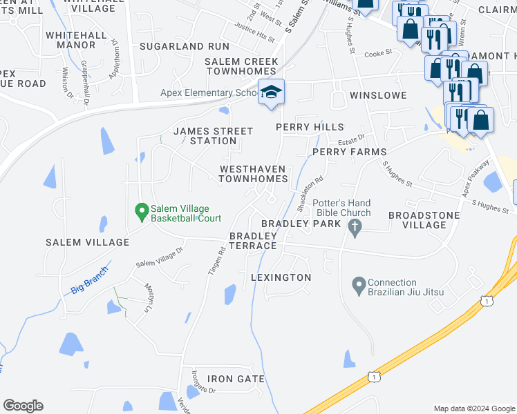 map of restaurants, bars, coffee shops, grocery stores, and more near 105 Baberton Drive in Apex