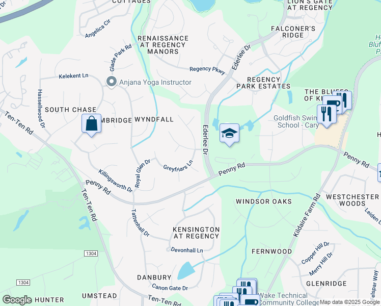 map of restaurants, bars, coffee shops, grocery stores, and more near 103 Whitcomb Lane in Cary
