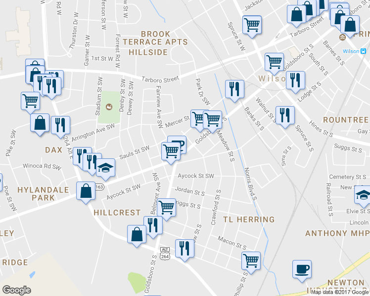 map of restaurants, bars, coffee shops, grocery stores, and more near 1006 Goldsboro Street South in Wilson