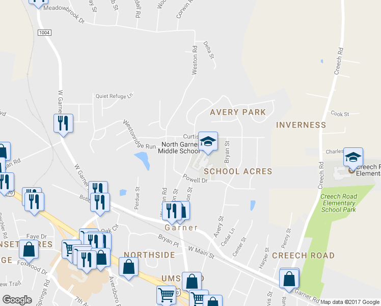 map of restaurants, bars, coffee shops, grocery stores, and more near 205A Johnson Street in Garner