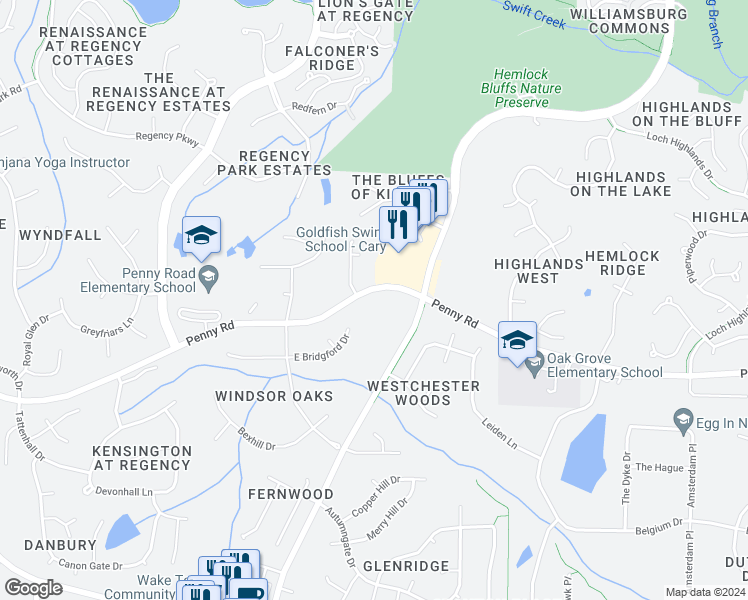 map of restaurants, bars, coffee shops, grocery stores, and more near 10625 Penny Road in Cary