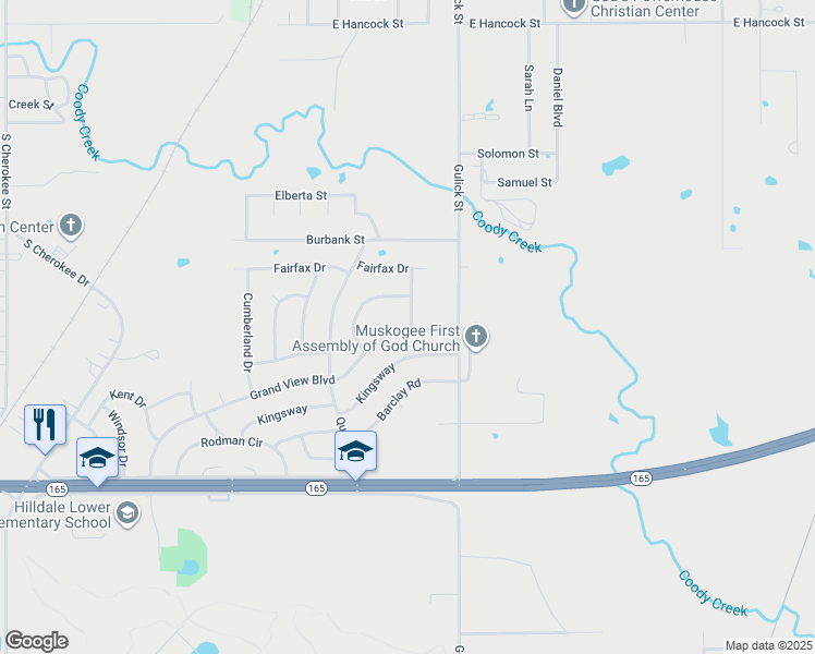 map of restaurants, bars, coffee shops, grocery stores, and more near 804 Grand View Boulevard in Muskogee