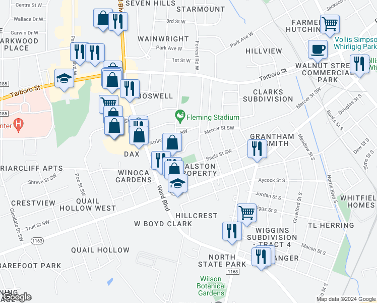 map of restaurants, bars, coffee shops, grocery stores, and more near 1409 Mercer Street Southwest in Wilson