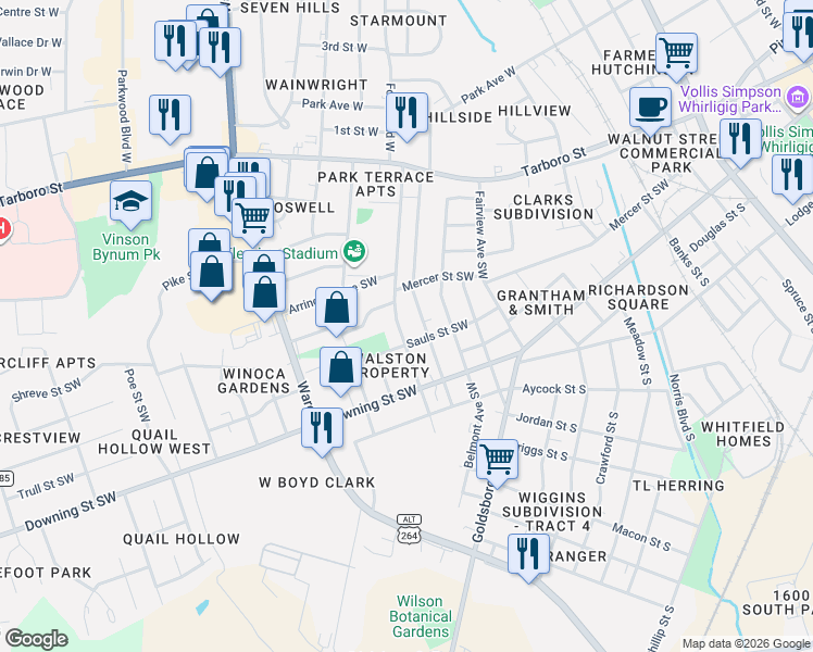 map of restaurants, bars, coffee shops, grocery stores, and more near Dewey Street Southwest in Wilson