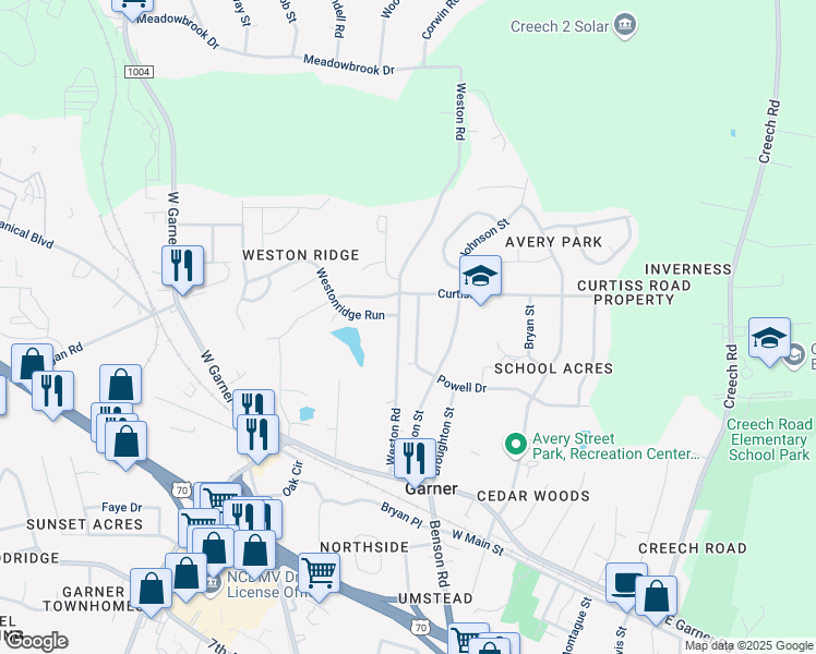 map of restaurants, bars, coffee shops, grocery stores, and more near 919 Powell Drive in Garner