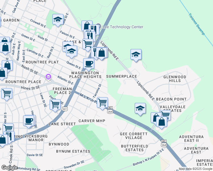 map of restaurants, bars, coffee shops, grocery stores, and more near 1711 Carolina Street East in Wilson