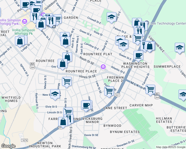 map of restaurants, bars, coffee shops, grocery stores, and more near 1018 Robeson Street Southeast in Wilson