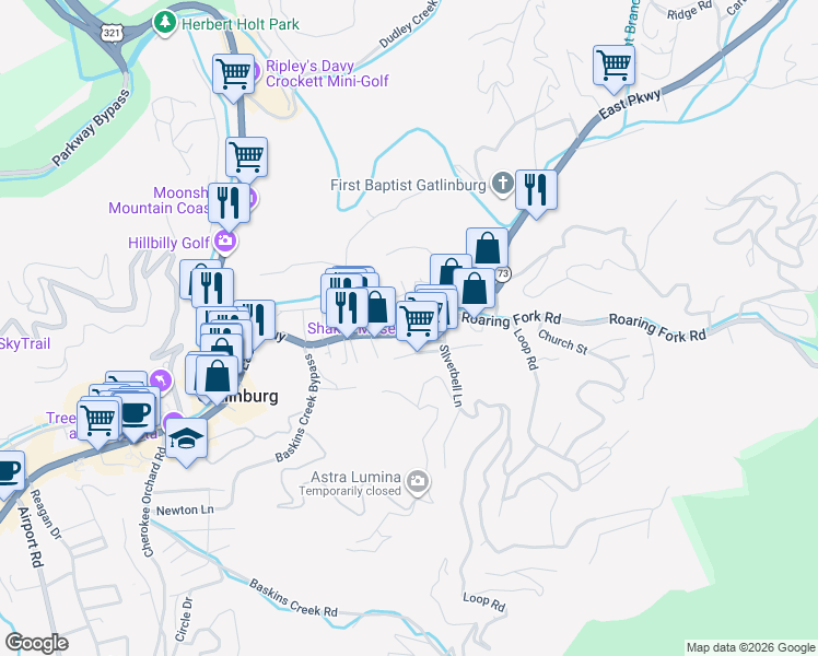 map of restaurants, bars, coffee shops, grocery stores, and more near 463 Tennessee 73 in Gatlinburg