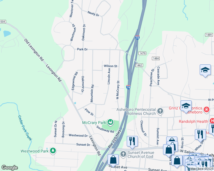 map of restaurants, bars, coffee shops, grocery stores, and more near 591 Lincoln Avenue in Asheboro