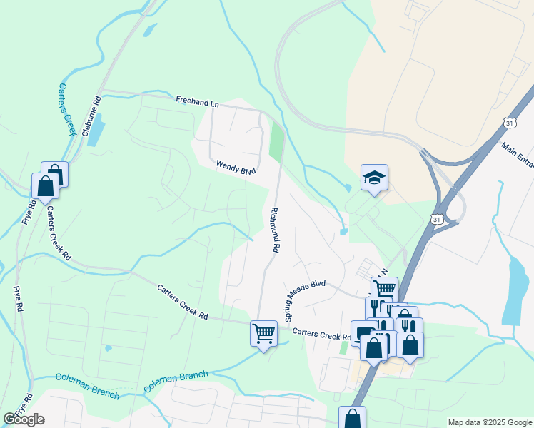 map of restaurants, bars, coffee shops, grocery stores, and more near 1527 Richmond Road in Columbia