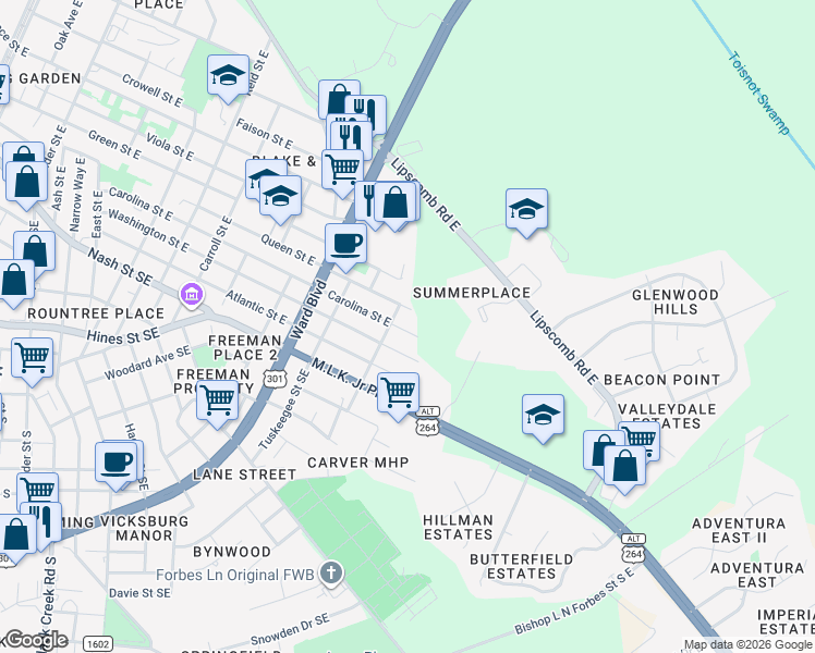 map of restaurants, bars, coffee shops, grocery stores, and more near 1711 Carolina Street East in Wilson