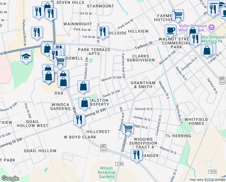 map of restaurants, bars, coffee shops, grocery stores, and more near 1204 Sauls Street Southwest in Wilson
