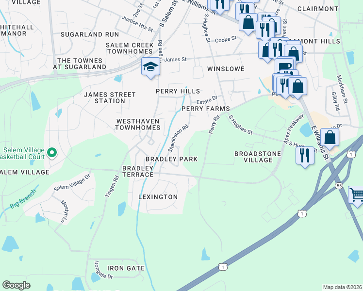 map of restaurants, bars, coffee shops, grocery stores, and more near 1009 Dual Parks Road in Apex
