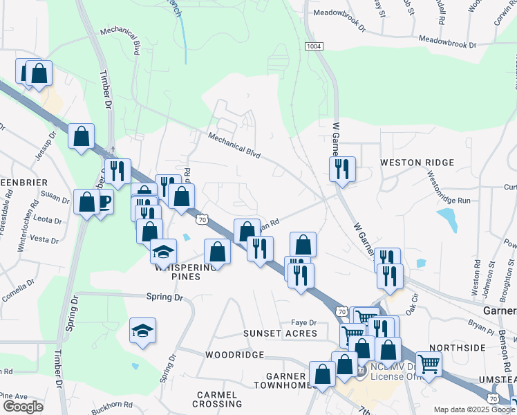 map of restaurants, bars, coffee shops, grocery stores, and more near 120 Yeargan Road in Garner