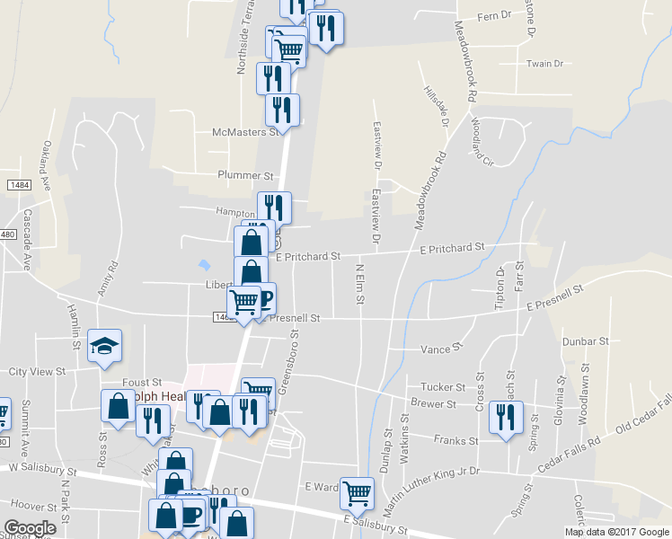 map of restaurants, bars, coffee shops, grocery stores, and more near 652 Greenfield Street in Asheboro