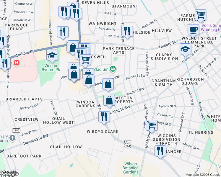 map of restaurants, bars, coffee shops, grocery stores, and more near 409 Stadium Street Southwest in Wilson