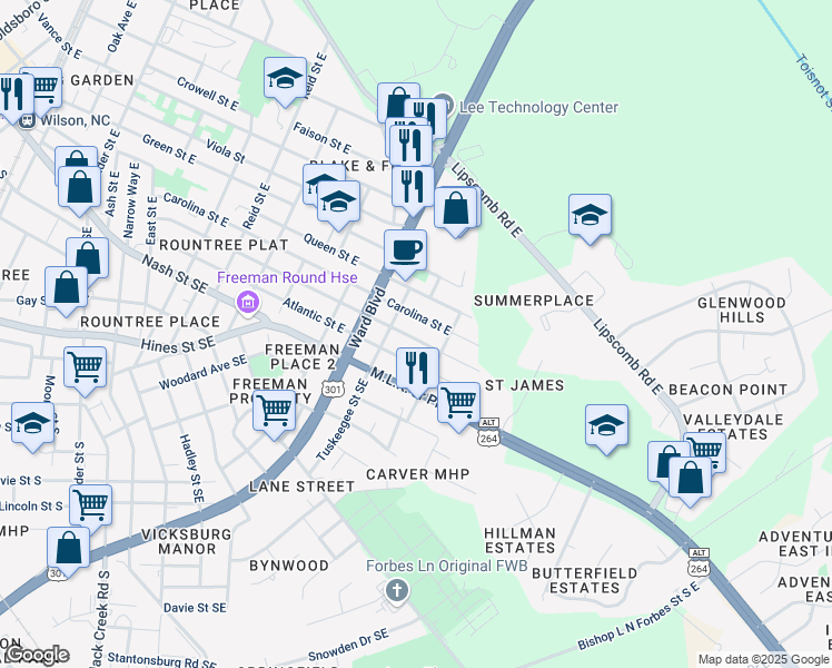 map of restaurants, bars, coffee shops, grocery stores, and more near 1604 Washington Street East in Wilson