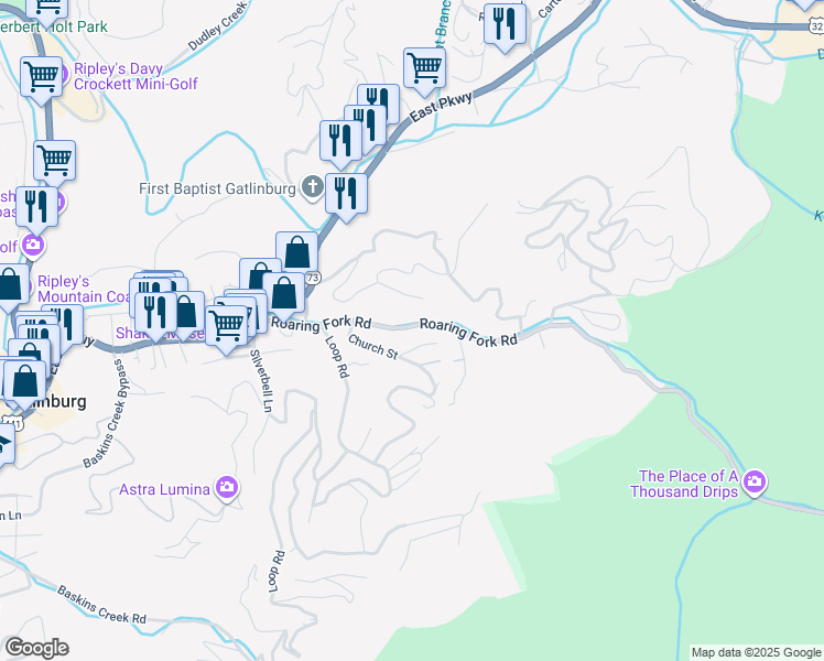 map of restaurants, bars, coffee shops, grocery stores, and more near 101 Roaring Fork Road in Gatlinburg