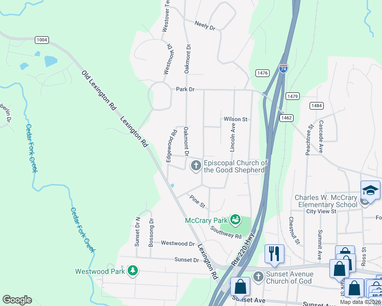 map of restaurants, bars, coffee shops, grocery stores, and more near 604 Oakmont Drive in Asheboro