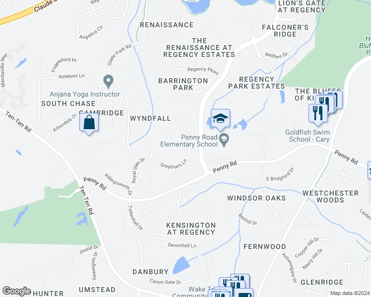 map of restaurants, bars, coffee shops, grocery stores, and more near 103 Whitcomb Lane in Cary