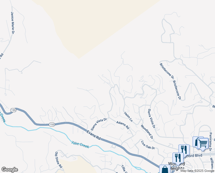 map of restaurants, bars, coffee shops, grocery stores, and more near 37 Canyon Drive in Wofford Heights