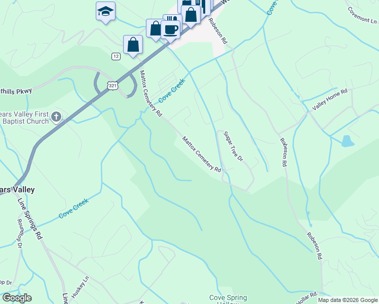 map of restaurants, bars, coffee shops, grocery stores, and more near 3412 Mattox Cemetery Road in Sevierville